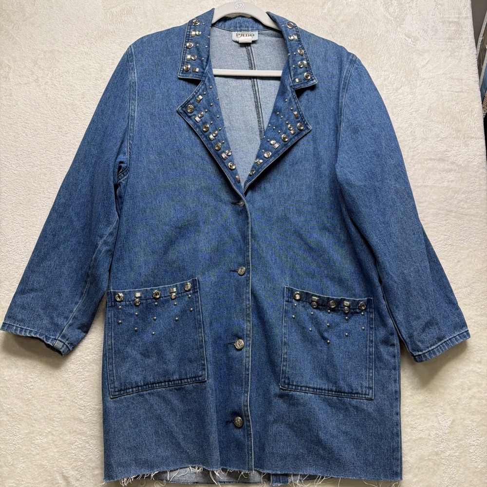 Vintage 80s 90s PADO Denim Blazer Womens Rhinestone Studded Longline Jacket